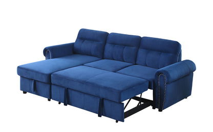 Ashton Velvet Fabric Reversible Sleeper Sectional Sofa Chaise - Blue