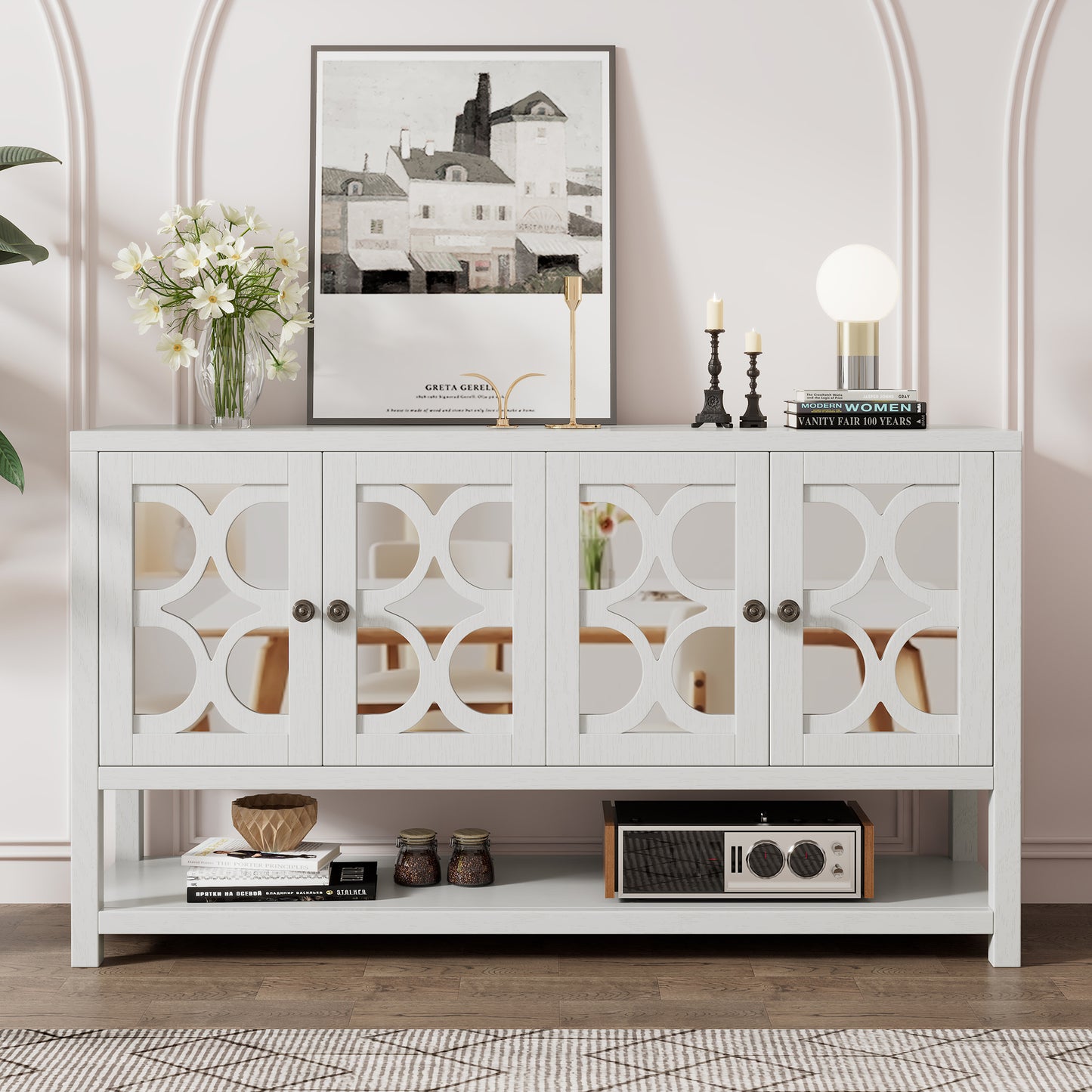 Stasia Sideboard Buffet with Mirrored Doors - Antique White