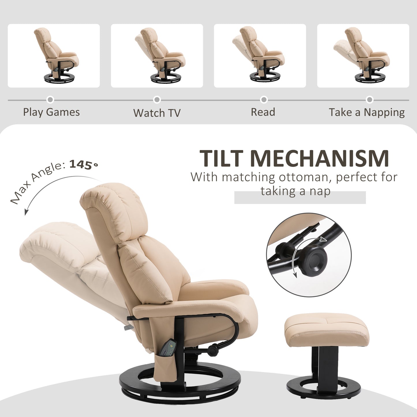 Rexi Massage Recliner Chair with Ottoman - Beige