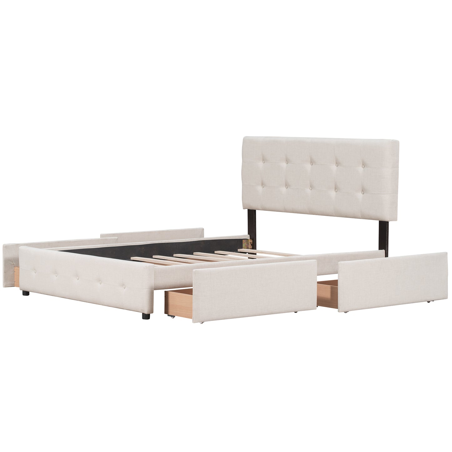 Draco Queen Size Platform Bed with 4 Drawers - Beige