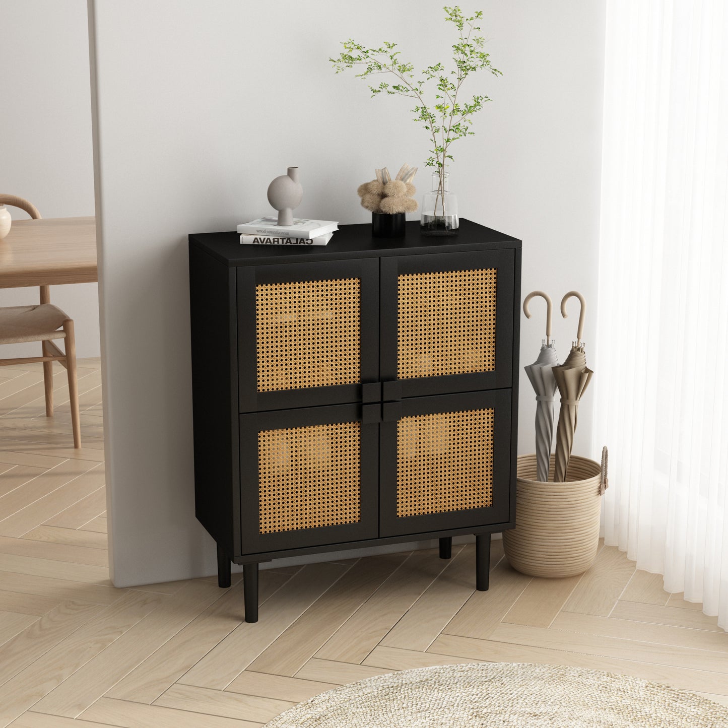 Zook 4-Doors Rattan Mesh Storage Cabinet - Black