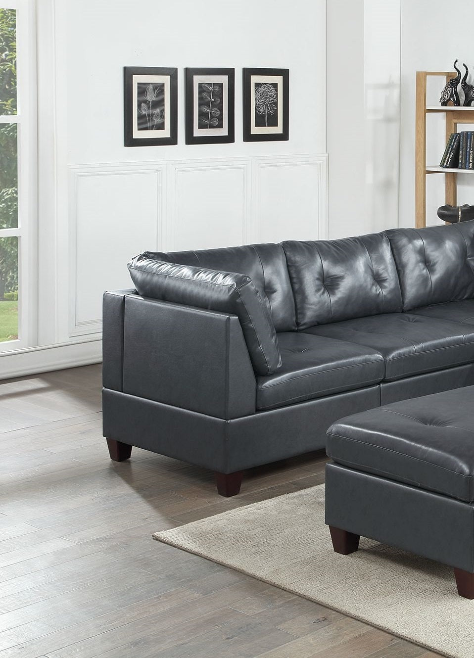 Sana Genuine Leather Sectional 6pc Set 3x Corner Wedge 2x Armless Chair 1x Ottoman - Black