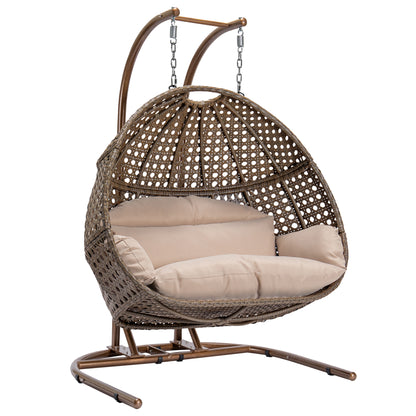 Renata Double-Seat Swing Chair with Stand and Cushion - Brown+Beige