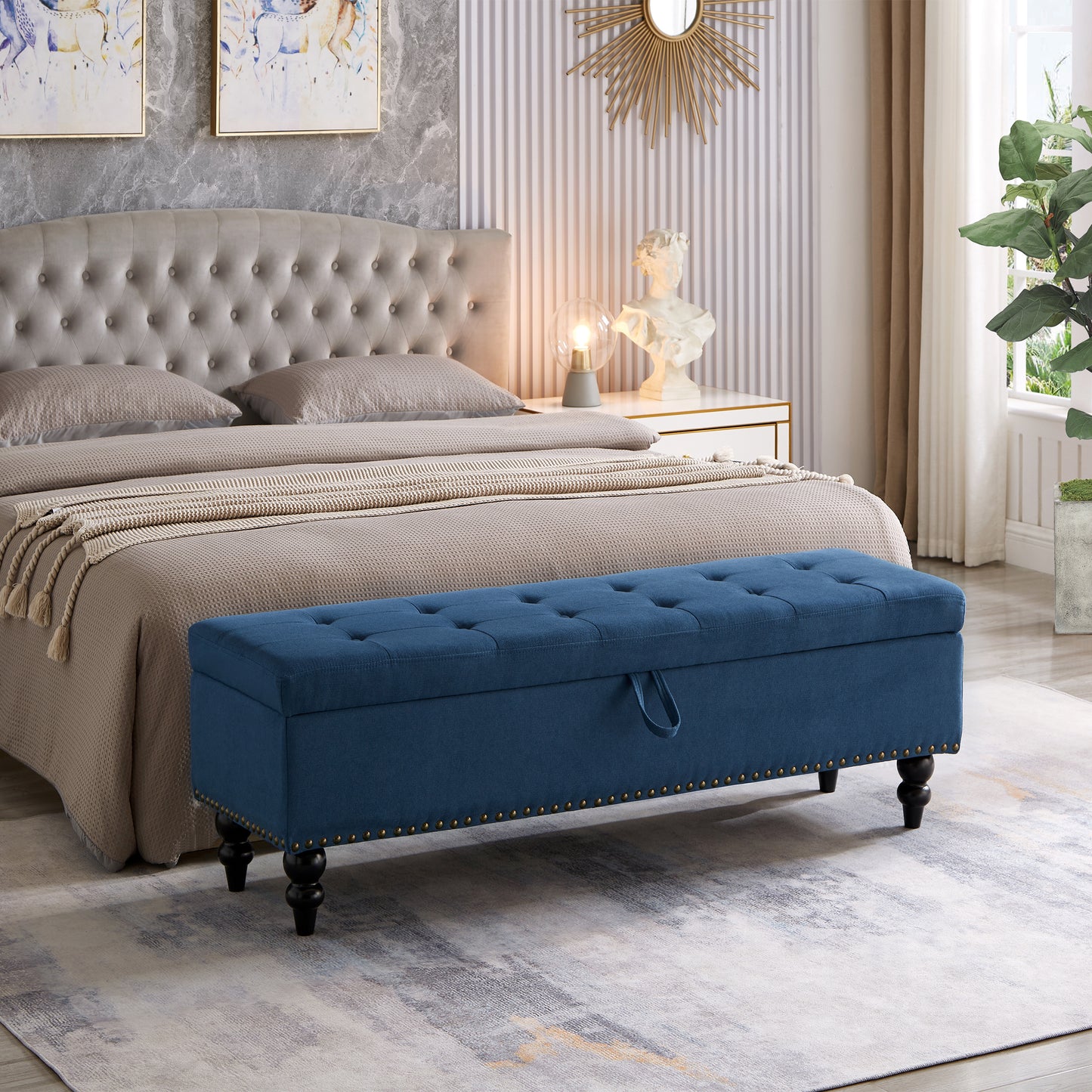 Thaley Fabric Storage Ottoman Bench - Blue