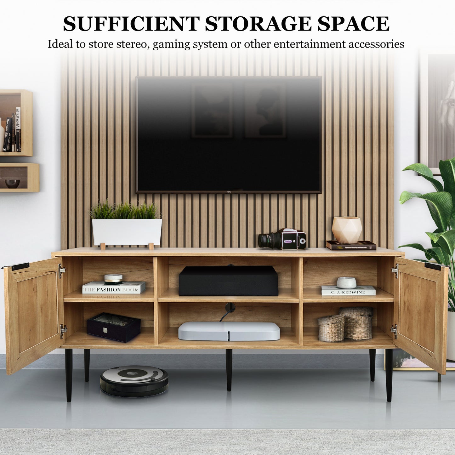 Tula Wooden TV Stand with Rattan Decorated Doors - Natural