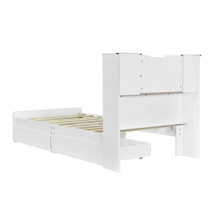 Taz Twin Size Platform Bed Frame with 4 Open Storage Shelves - White