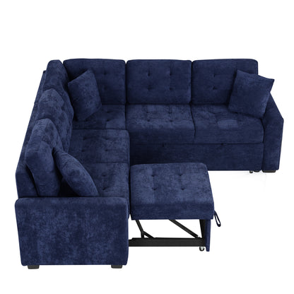 Novak L-shape Sofa Bed Pull-out Sleeper Sofa with Wheels - Navy Blue