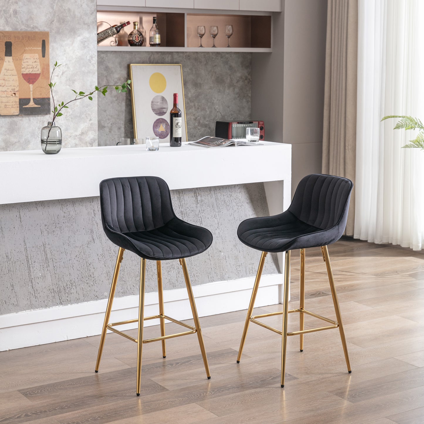 26 Inch Vista Bar Stools with Chrome Footrest  Velvet Fabric  Golden Leg - Black  Set of 2