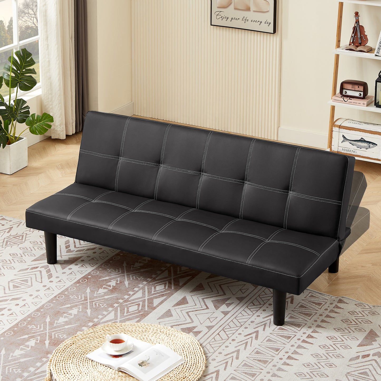 Bruno Black PU Convertible  Sofa Bed - Black