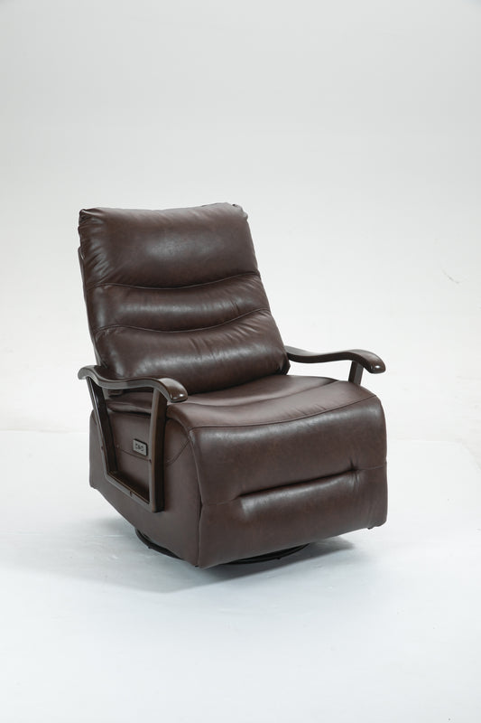 Tyler Swivel Power Recliner with Solid Wood Armrests - Brown