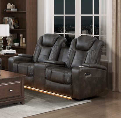 Roxa Dual Reclining Loveseat with  LED Center Console - Brown