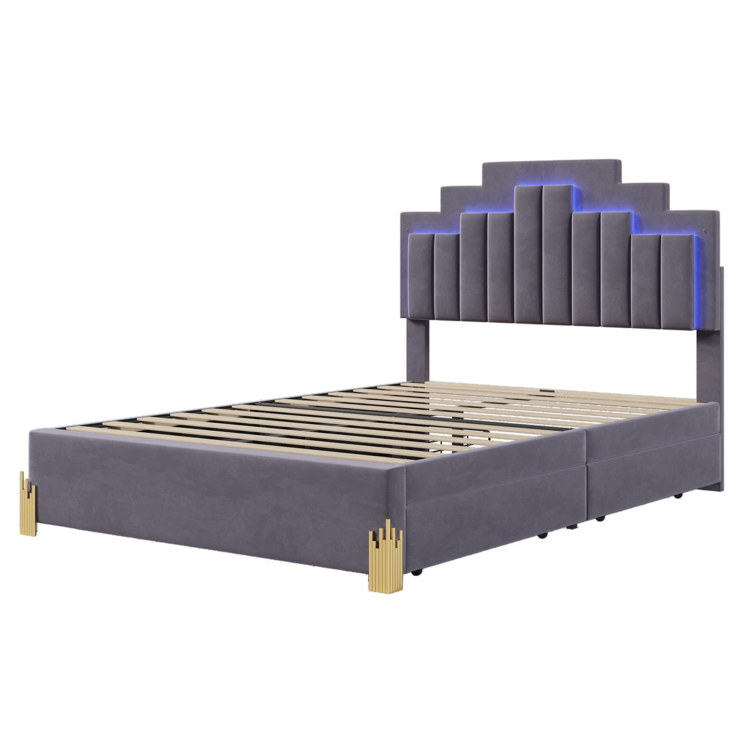 Neco Full Size Platform Bed with LED and 4 Drawers - Gray