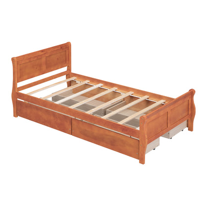 Meg Twin Size Wood Platform Bed with 4 Drawers - Oak