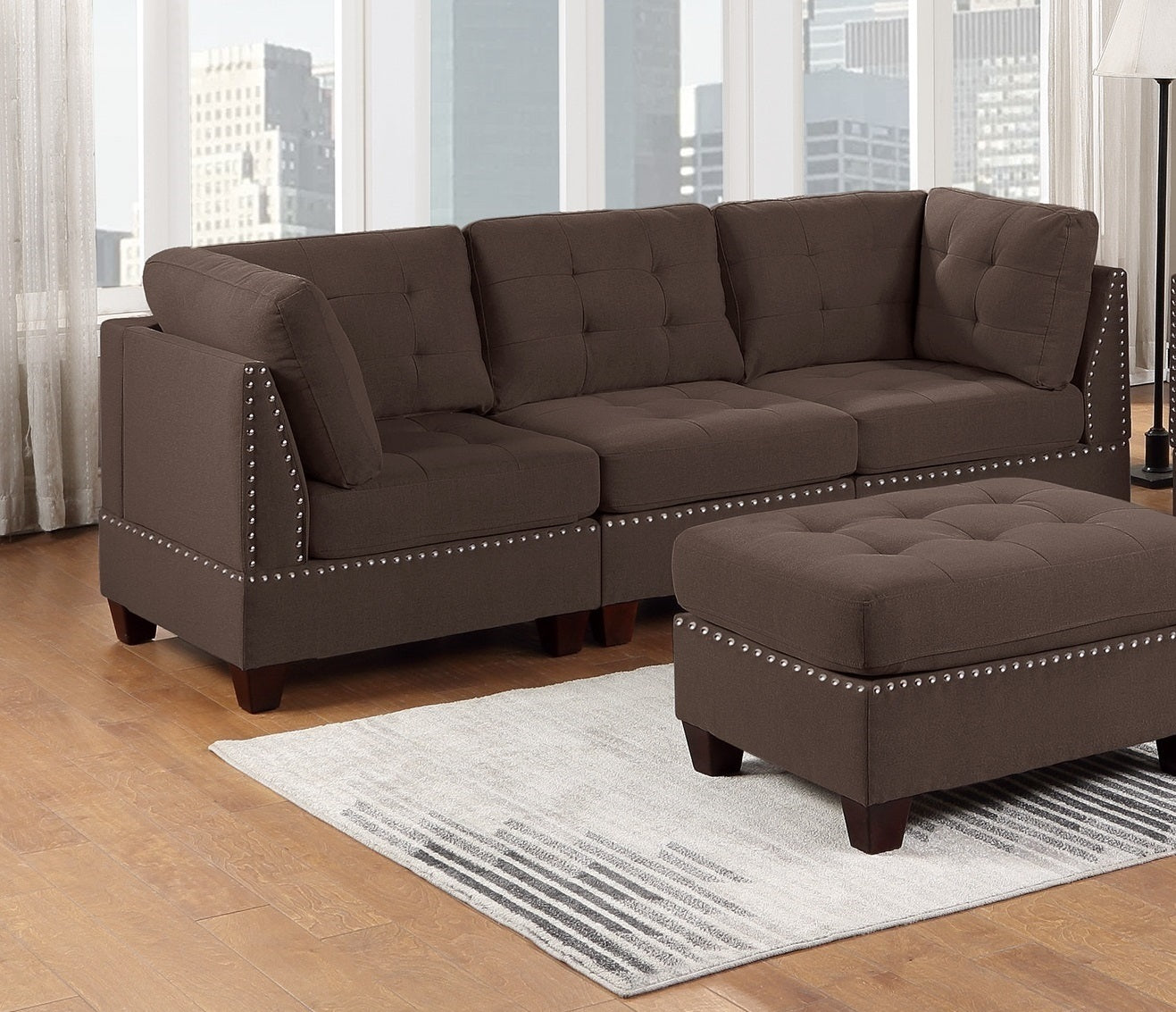 Eleni Modular Sofa Set 6pc Set  4x Corner Wedge 1x Armless Chair and 1x Ottoman  - Coffee