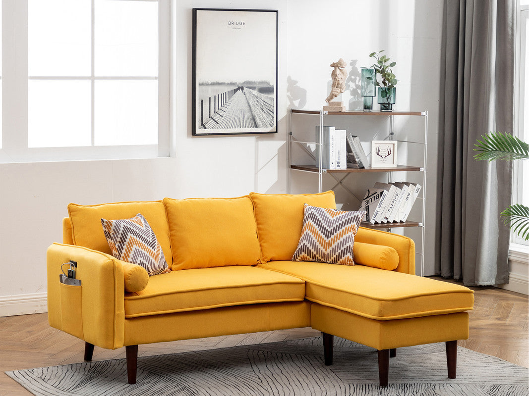 Mia Sectional Sofa Chaise with USB Charger & Pillows - Yellow