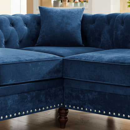 Nest Velvet Button Tufted L-shaped Sofa - Blue