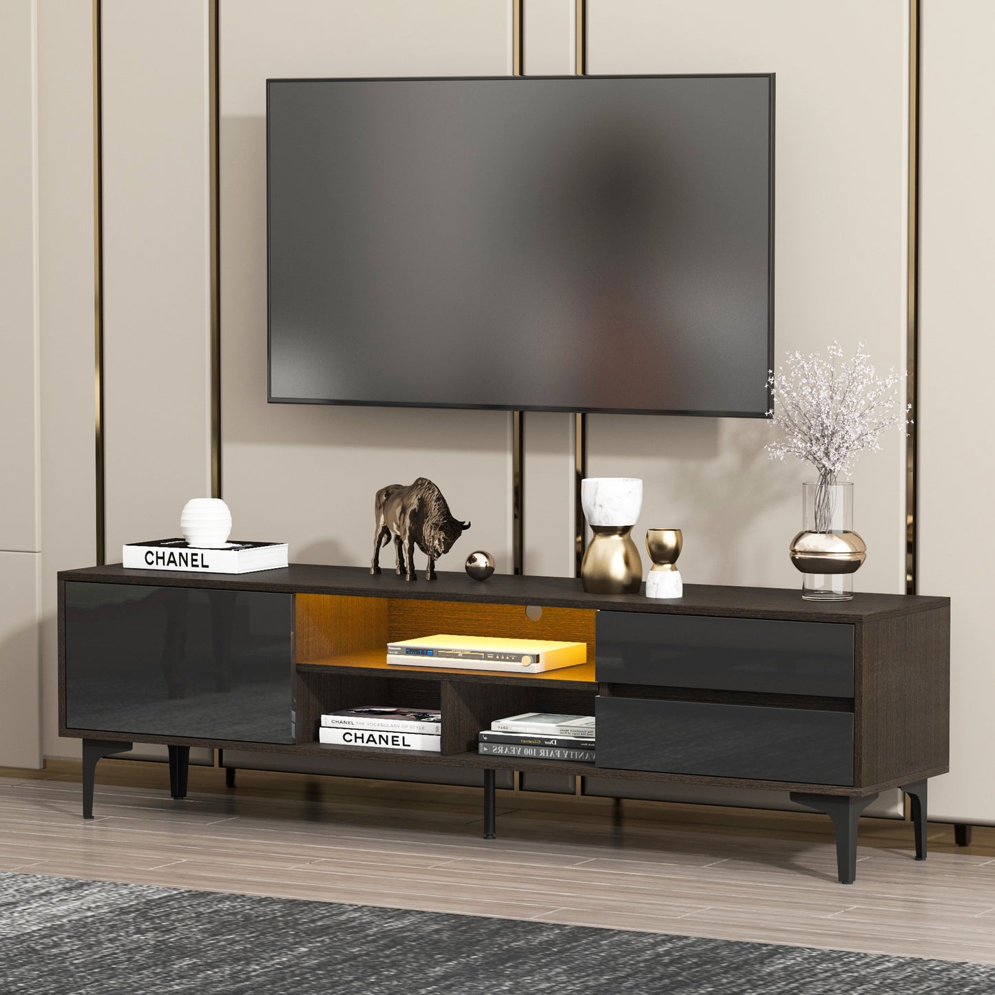 Chicada TV stand with LED remote control lights - Black+Brown