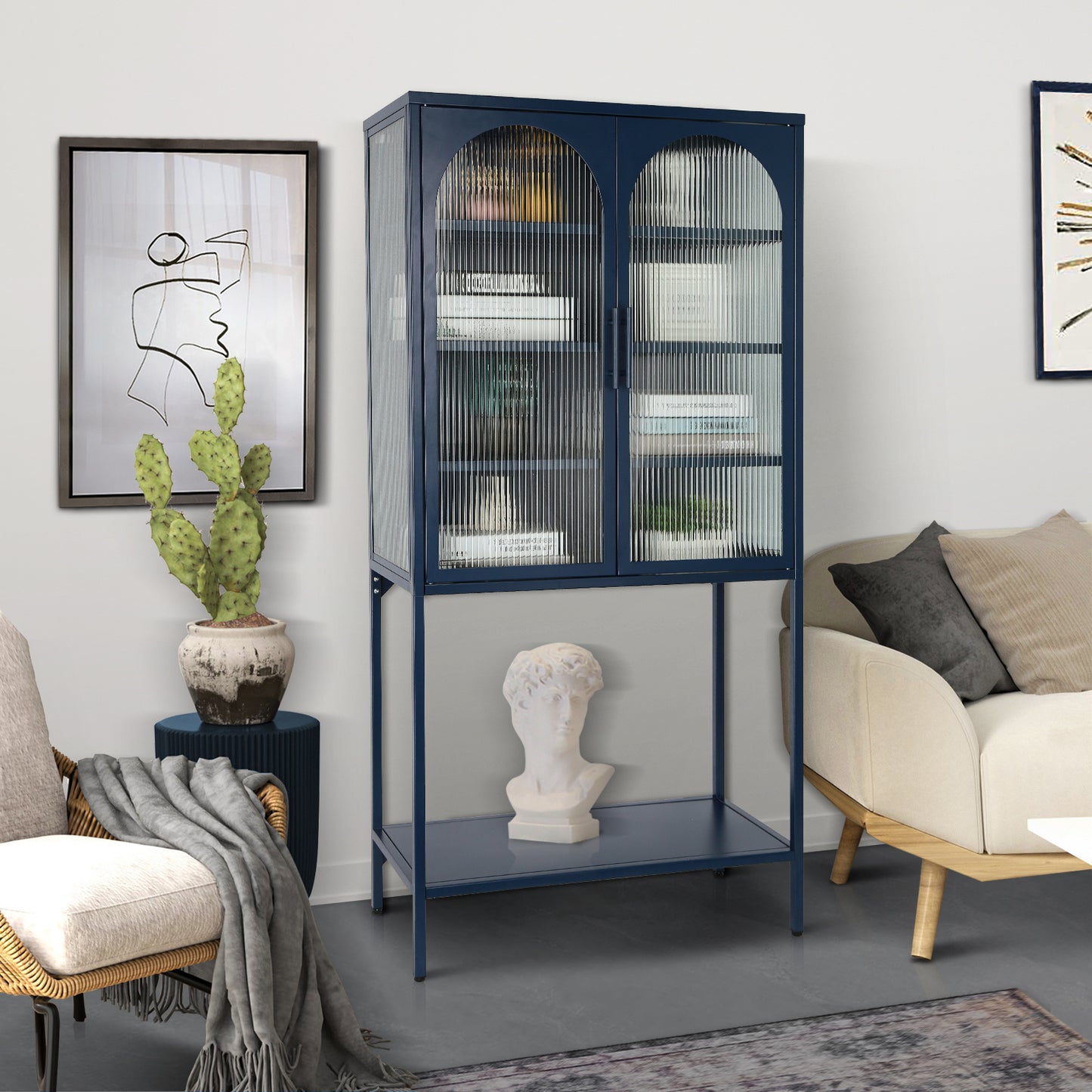 Arched II Glass Doors Floor Cabinet - Blue