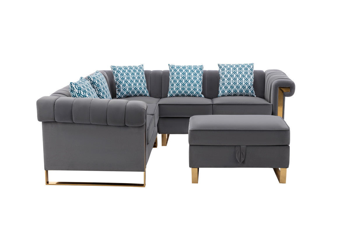 Maddie Velvet 5-Seater Sectional Sofa with Storage Ottoman - Gray