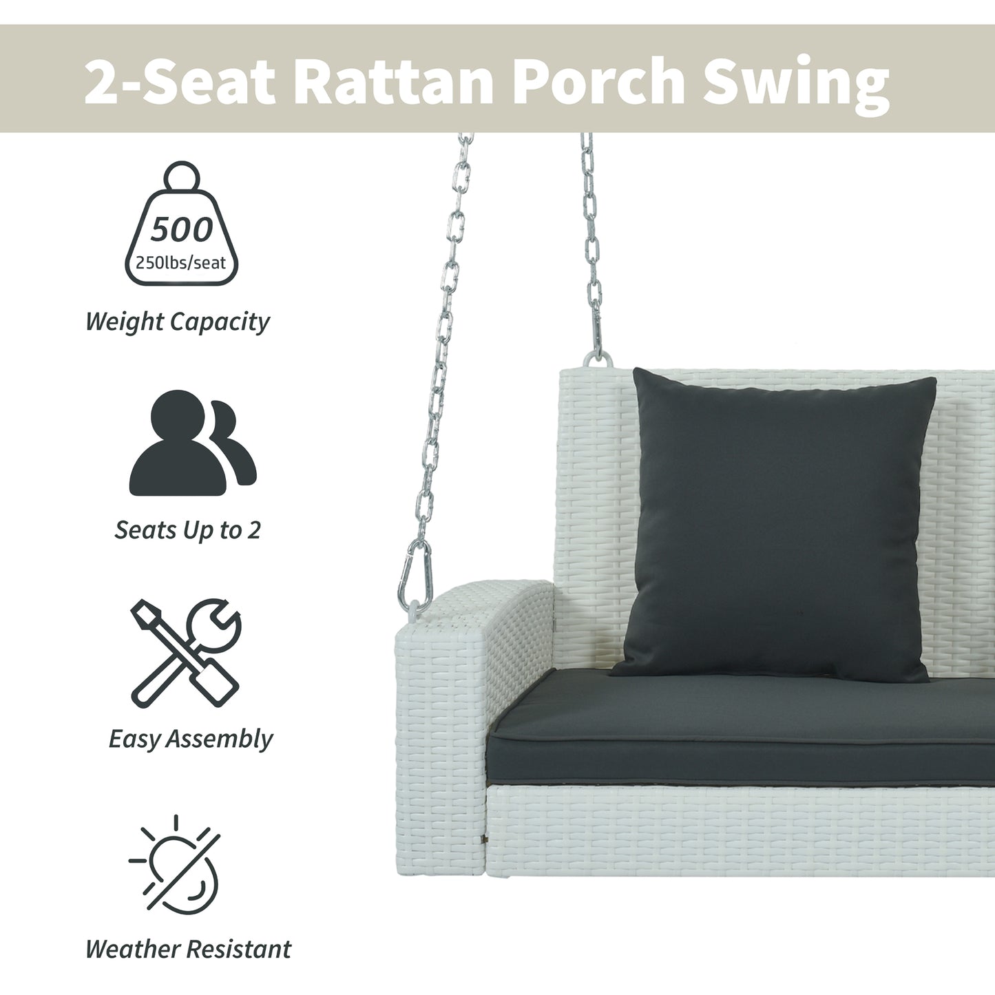 Paz2-Person Wicker Hanging Porch Swing (White Wicker, Gray Cushion)