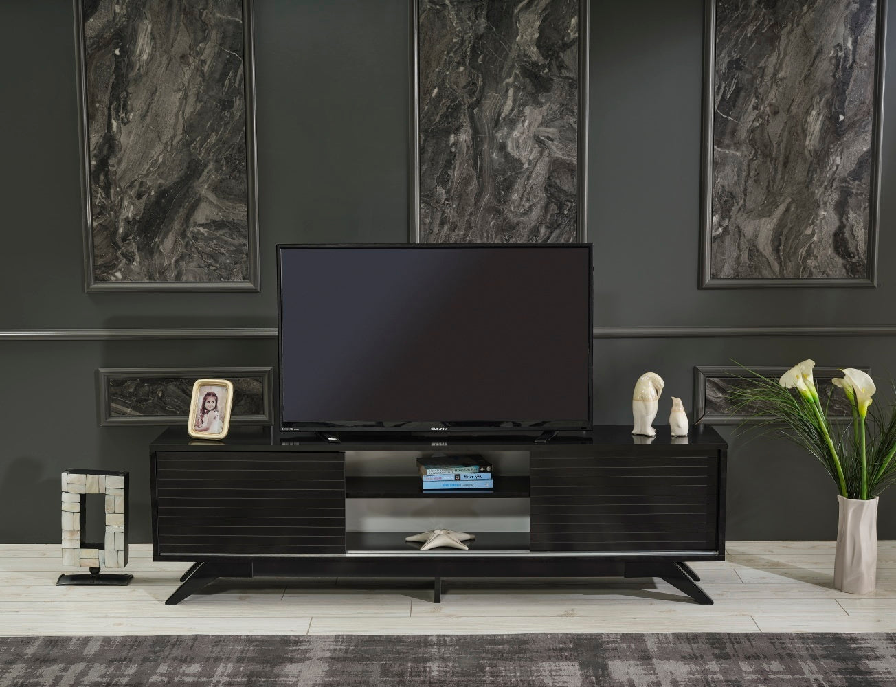 Luxia Mid Century Modern TV Stand 2 Sliding Door- Black