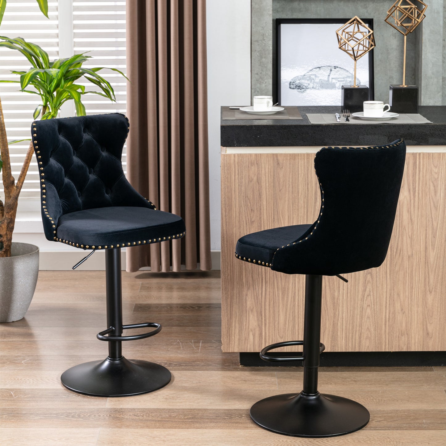 Rise 180 Velvet Barstools Adjusatble Seat Height - Black Set of 2