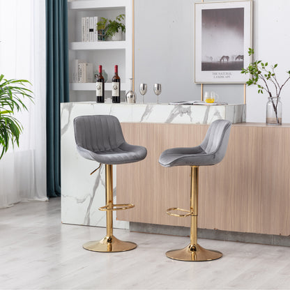 Stramline Adjustable Velvet + Golden Leg Bar Stool - Gray Set of 2