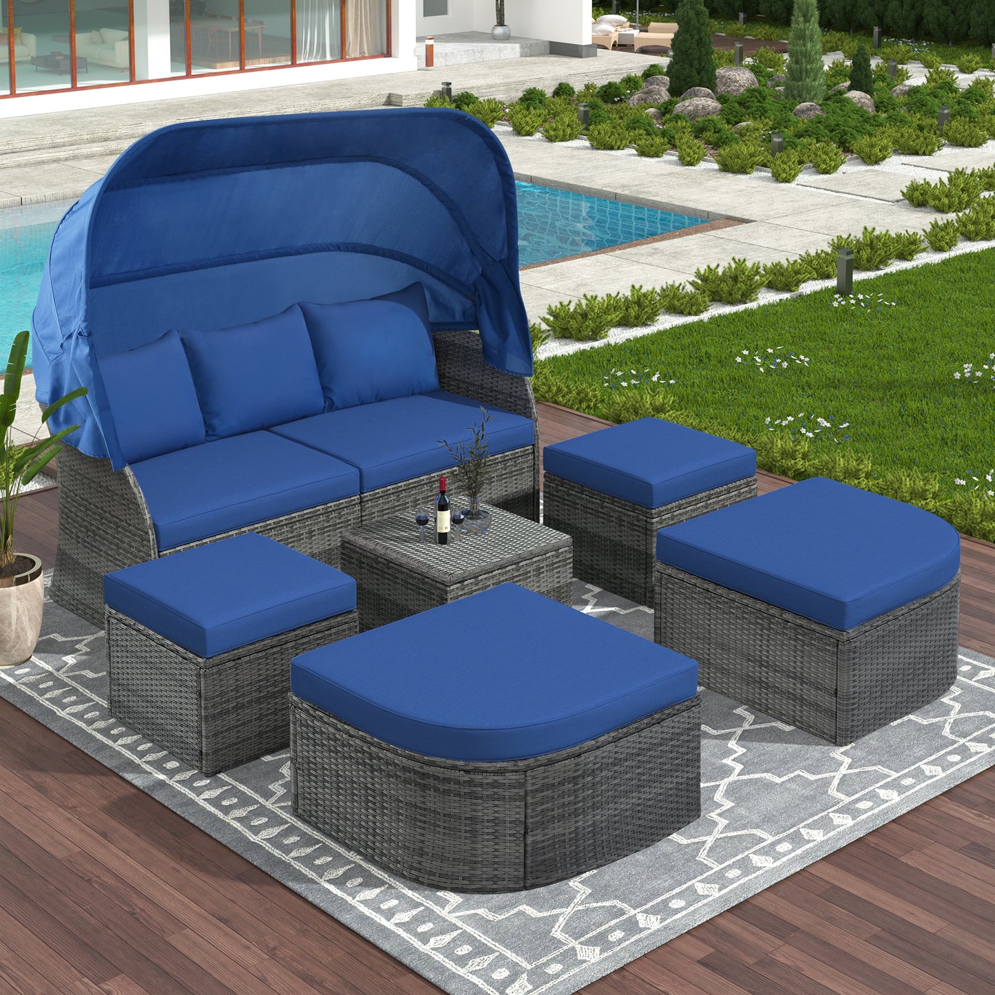 Zella Outdoor Daybed with Retractable Canopy Set - Blue