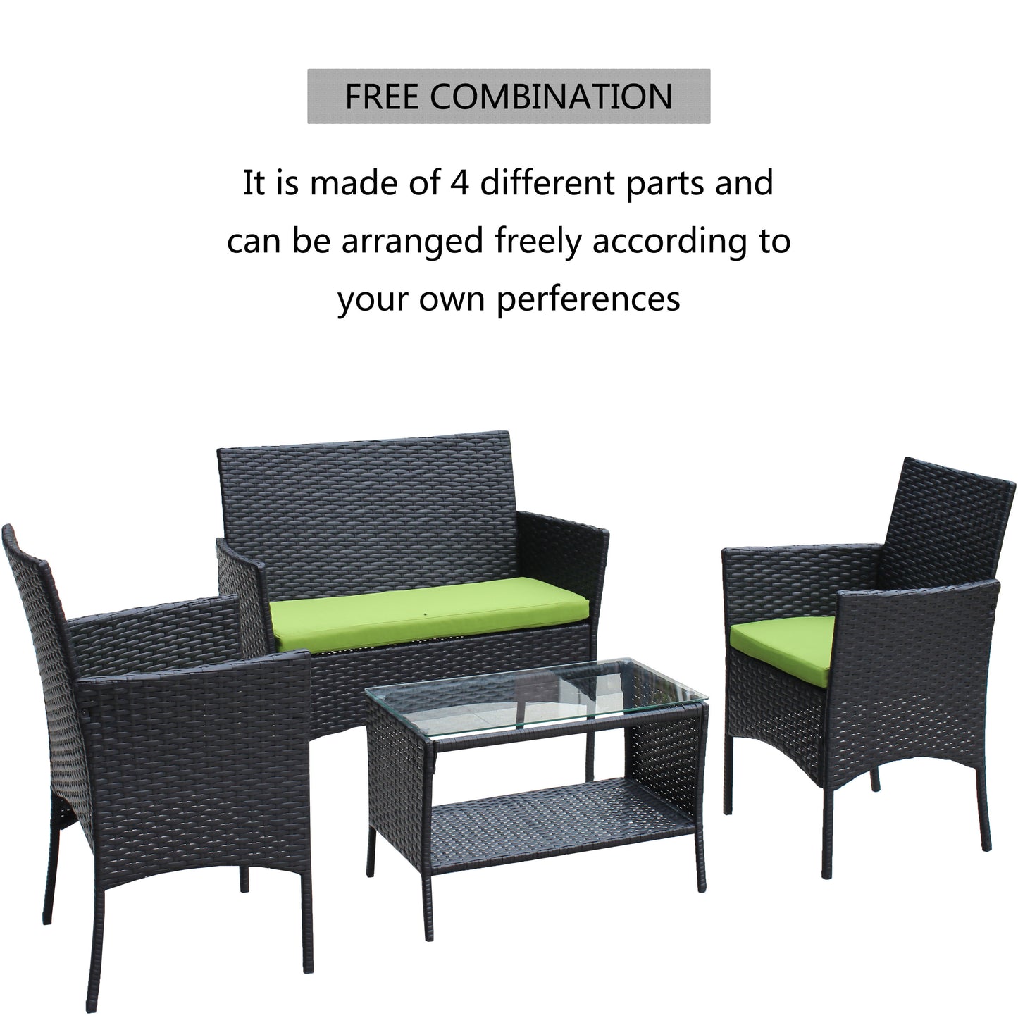 Miola 4 Pc Outdoor Patio Wicker Ratten Furniture Set - Green Cushion