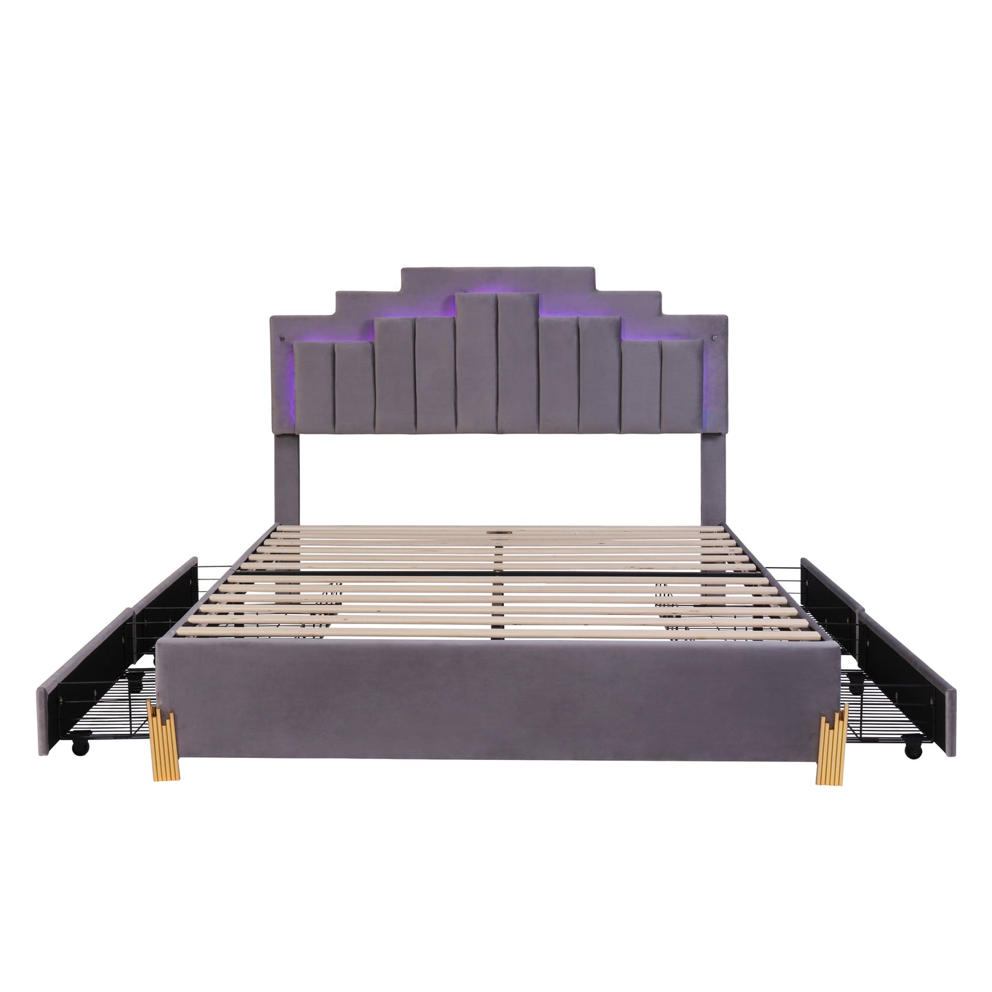 Neco Queen Size Platform Bed with LED and 4 Drawers - Gray