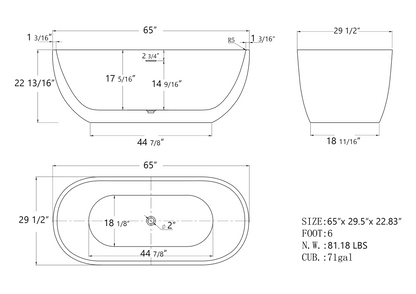 Hana 65" Oval Shape  Acrylic Freestanding  Soaking Bathtub - Matte White