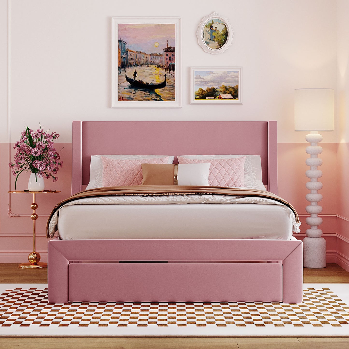 Renni Full Size Velvet Platform Bed Frame with Drawer - Pink