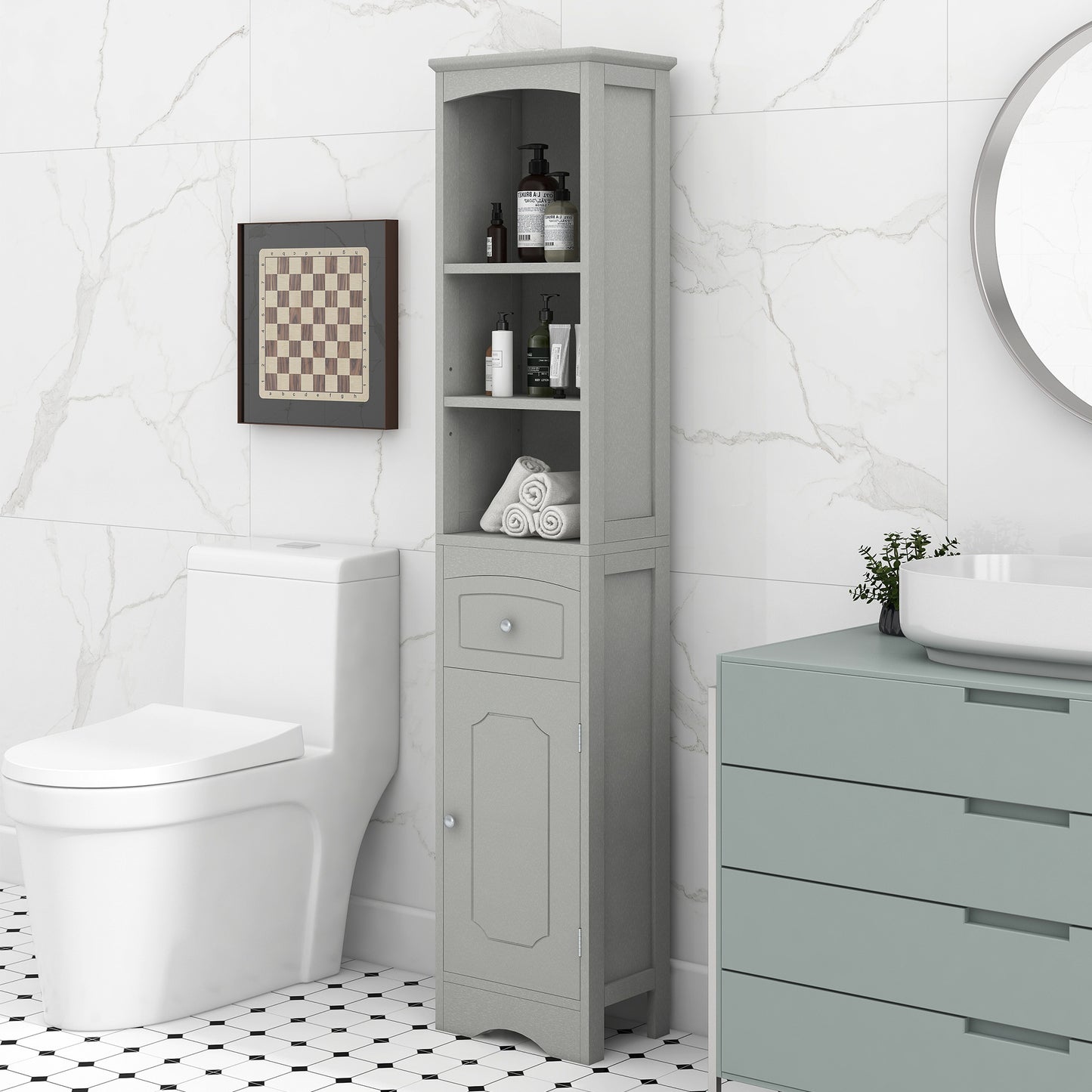 Tower Bathroom Cabinet with Drawer - Gray