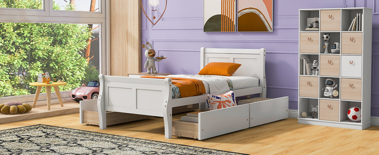 Meg Twin Size Wood Platform Bed with 4 Drawers - White