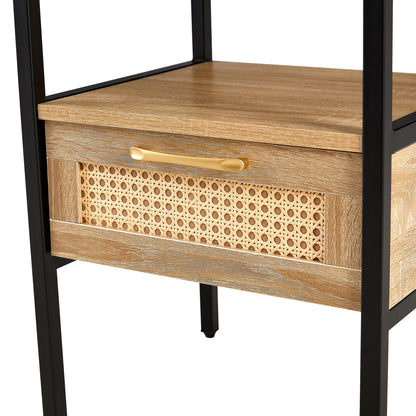 Rattan End table with  drawer Modern nightstand - Natural