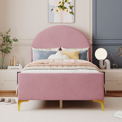 Lynn Twin Size Velvet Platform Bed w Mental Legs - Pink