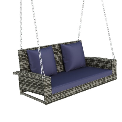 Paz 2-Person Wicker Hanging Porch Swing (Gray Wicker, Blue Cushion)