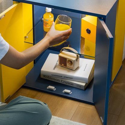 Quest LED  Nightstand with Glass Shelves -Blue+Yellow