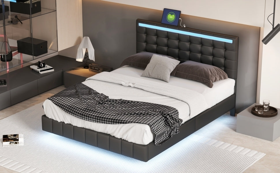 Marc Queen Size Floating Bed Frame with LED - Black