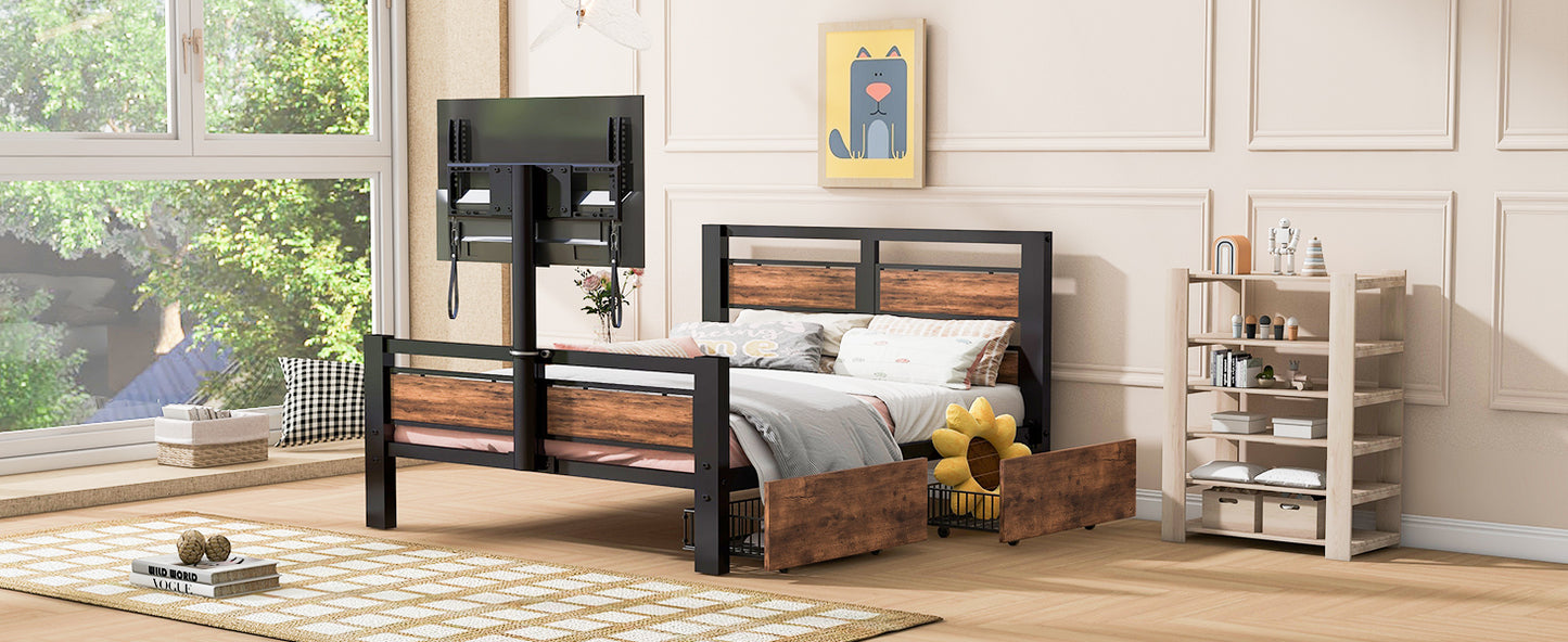 Rosy Twin Size Metal Platform Bed w Rotatable TV Stand - Black