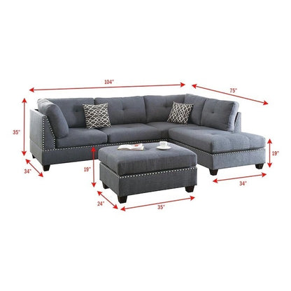 Surya 3pc  Sectional Sofa Polyfiber Cushion Sofa Chaise Ottoman Reversible Couch Pillows - Blue Grey