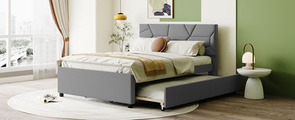 Brick Full Size Upholstered Platform Bed with Twin Size Trundle - Gray