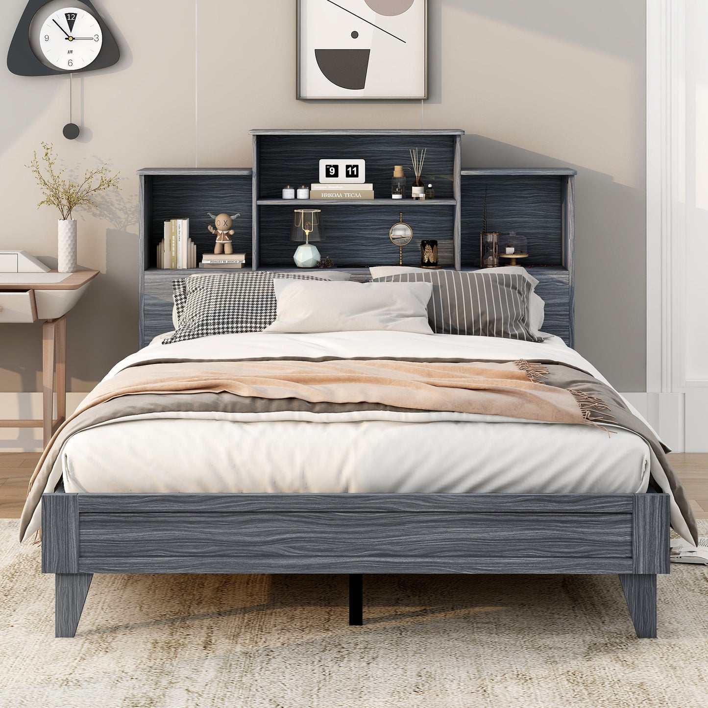 Taz Queen Size Platform Bed Frame with 4 Open Storage Shelves - Gray