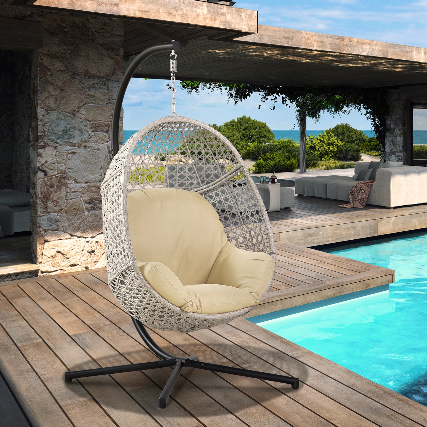 Rosa Large Hanging Egg Chair with Stand & UV Resistant - Beige