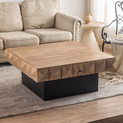 Embossed Pattern Square Retro Coffee Table with 2 Drawers