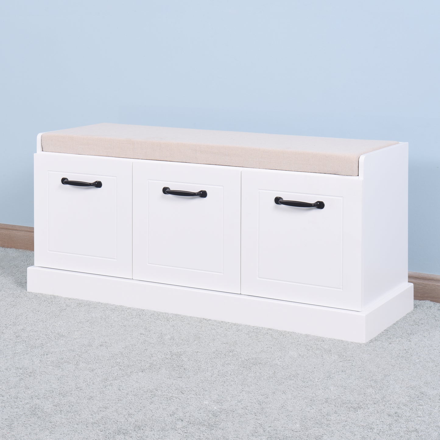 Wooden Shoe Storage Bench with White Cushion