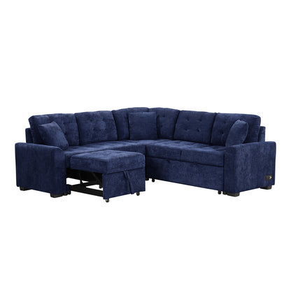 Novak L-shape Sofa Bed Pull-out Sleeper Sofa with Wheels - Navy Blue