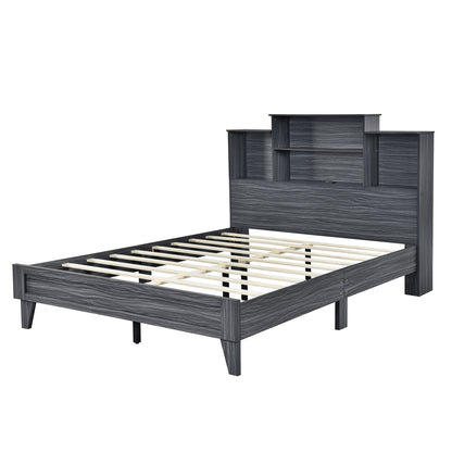 Taz Queen Size Platform Bed Frame with 4 Open Storage Shelves - Gray