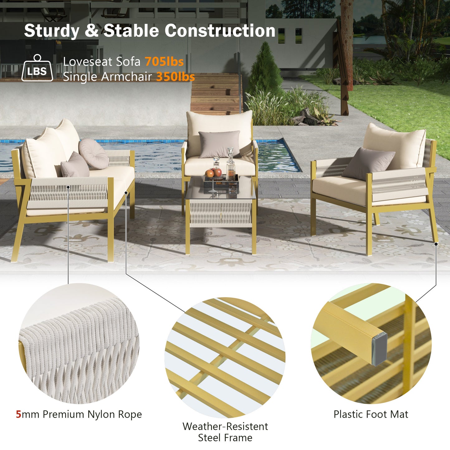 Mixon 4 Pc Patio Rope Sofa Set - Beige+Yellow