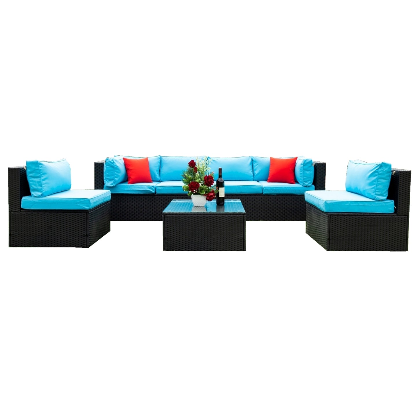 Russo 5 Pc Outdoor Patio Rattan Sectional Sofa Set - Black+Blue